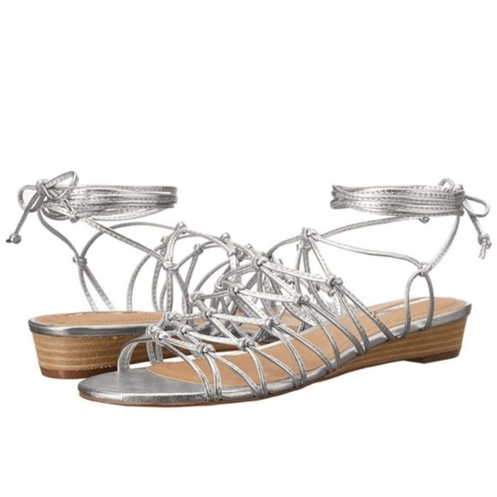 Tahari Caper Metallic Silver Gladiator Wedge Sandals Strappy Ankle Tie 7.5